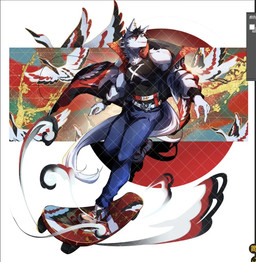 anthro belt bottomwear clothing coat coat_cape ear_piercing electronics footwear headphones headphones_around_neck male pants piercing shoes skateboard solo topwear vehicle vest delax_(artist) tianhehui bai_yu_(tianhehui) avian bird canid canine canis crane_(bird) gruiform mammal wolf