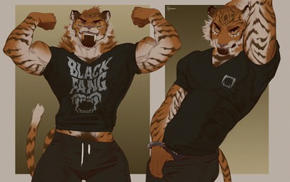 anthro biceps bottomwear clothing ear_piercing eyebrows fangs flexing flexing_bicep flexing_both_biceps fur golden_fangs industrial_piercing looking_at_viewer male markings muscular muscular_anthro muscular_male pants piercing pubes shirt striped_body striped_markings striped_tail stripes tail tail_markings teeth topwear ekzonzz felid mammal pantherine tiger absurd_res digital_drawing_(artwork) digital_media_(artwork) hi_res