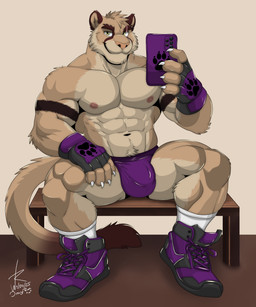 abs anthro bench bulge cellphone clothing detailed_bulge electronics fingerless_gloves footwear gloves handwear jockstrap male muscular muscular_anthro muscular_male navel nipples paws pecs phone pose selfie shoes smartphone sneakers socks solo tail underwear dragoran ricius_teck cougar felid feline mammal 2025 hi_res