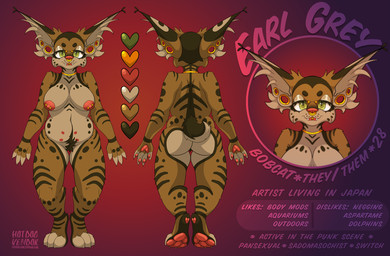 anthro big_breasts breasts butt collar facial_piercing female genitals hairy_vulva markings nipple_piercing nipples nose_piercing nose_ring nude overweight overweight_female pawpads piercing pubes ring_piercing simple_background solo striped_markings stripes text vulva hotdogvendor earl_grey_(hotdogvendor) bobcat felid feline lynx mammal english_text hi_res model_sheet