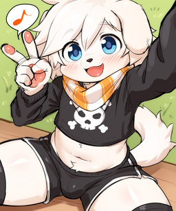 anthro black_nose blue_eyes blush blush_lines bottomwear bulge clothing crop_top crossdressing_male cute_fangs fangs femboy floppy_ears fluffy fluffy_tail fur gesture hair hand_gesture hotpants kemono leggings legwear male midriff outside pawpads selfie shirt shorts solo tail teeth topwear v_sign white_body white_fur white_hair young young_anthro young_male tororoudn bandai_namco summon_night panashe_(summon_night) canid canine canis domestic_dog mammal hi_res