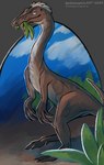 claws detailed_background eating female feral solo standing toony walking alloampere selena_(alloampere) dinosaur gallimimus ornithomimid prehistoric_species reptile scalie theropod hi_res