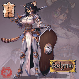 anthro big_breasts black_hair black_nose breasts clothed clothing eyeshadow female fur green_eyes hair makeup markings medieval melee_weapon nipple_outline shield solo striped_body striped_markings striped_tail stripes sword tail tail_markings thick_thighs weapon white_body white_fur wide_hips yellow_body yellow_fur ottobum selyra_swiftclaw cheetah felid feline mammal pantherine 1:1 absurd_res hi_res