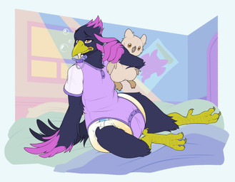 4_toes anisodactyl anthro beak bed black_body black_feathers bodily_fluids brown_eyes clothing diaper feathers feet furniture genital_fluids light light_beam male onesie pacifier plushie poster purple_body purple_feathers solo sunbeam sunlight toes unclean_diaper urine used_diaper wet_diaper window bubblepuppers gambit_(the_corvid) avian bird corvid corvus_(genus) crow oscine passerine 2025 digital_media_(artwork) hi_res