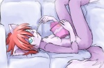 anthro biped breasts cutlery dessert female food furniture hair holding_object holding_spoon ice_cream kitchen_utensils legs_up looking_at_viewer lying nipples nude on_back red_hair sofa solo spoon tail tools jumpyneko yuuri_(character) canid canine fox mammal 2008