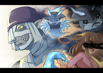 anthro clothing duo female hat headgear headwear kerchief male mummy_wrappings pointy_ears smile yellow_eyes akano_yujin bandai_namco digimon digimon_beatbreak digimon_(species) ghost ghostmon human humanoid mammal mummymon spirit
