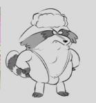 anthro bulge male simple_background slightly_chubby solo unknown_artist harvey_beaks nickelodeon randl_(harvey_beaks) mammal procyonid raccoon low_res monochrome