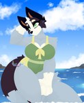 anthro belly big_breasts bikini bikini_bottom bikini_top breasts cheek_tuft clothing crossgender detailed_background ears_up facial_tuft female fluffy fluffy_tail fur green_eyes grey_body grey_fur head_tuft huge_breasts long_tail multicolored_body multicolored_fur paws sea sky skyscape slightly_chubby slightly_chubby_anthro slightly_chubby_female smile solo swimwear tail thick_thighs tuft two-piece_swimsuit walking water white_body white_fur tsukipaw bluey_(series) bob_heeler australian_cattle_dog canid canine canis cattledog domestic_dog herding_dog mammal pastoral_dog hi_res watermark