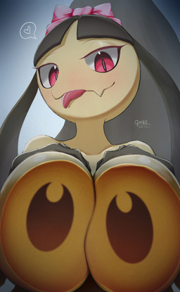 accessory against_surface anthro big_breasts black_body black_hair black_pasties blep blush blush_lines bow_ribbon breast_squish breasts eyebrows eyelashes female female_anthro fingers glistening glistening_body glistening_breasts glistening_eyes grey_eyebrows hair hair_accessory hair_bow hair_ribbon hand_on_breast hand_on_own_breast hands_above_breasts heart_symbol huge_breasts looking_at_viewer mouth_closed multicolored_body nude nude_anthro nude_female on_glass pasties pink_bow pink_eyes ribbons simple_background solo speech_bubble squish text thin_eyebrows tongue tongue_out two_tone_body yellow_body qxaz don't_attack_me_mawile nintendo pokemon generation_3_pokemon mawile pokemon_(species) 2026 absurd_res artist_name dated digital_media_(artwork) hi_res