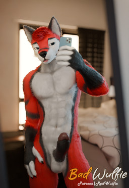 abs anthro athletic balls bedroom bedroom_window black_nose blep claws countershade_face countershade_torso countershading erection fingerless_(marking) fingerless_gloves_(marking) fluffy fur genitals gloves_(marking) humanoid_genitalia humanoid_penis male markings mirror mirror_reflection mirror_selfie navel nipples nude pecs penis realistic red_body red_fur reflection selfie slim standing tongue tongue_out whiskers white_body white_fur white_whiskers red_wulfie red_(red_wulfie) canid canine canis mammal wolf 3d_(artwork) absurd_res blender_(artwork) blender_cycles_(artwork) digital_media_(artwork) hi_res watermark