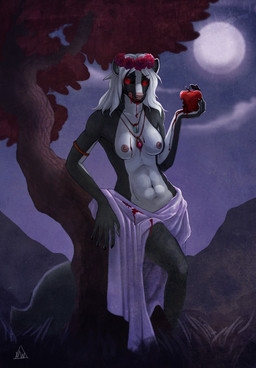 anthro apple black_sclera blood bodily_fluids breasts clothed clothing detailed_background female food fruit glowing glowing_eyes hair jewelry moon necklace nude outside plant red_eyes solo topless tree white_hair vivienwhite_(artist) eve_hawthorne mammal mephitid skunk vampire hi_res
