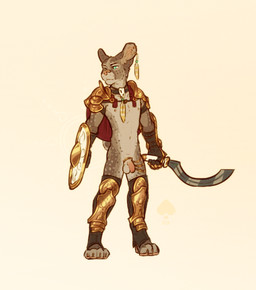 anthro armor balls bottomless bottomless_anthro bottomless_male brown_body brown_fur cape clothed clothing ear_piercing fur gauntlets genitals gloves greaves handwear holding_object holding_weapon humanoid_genitalia humanoid_penis khopesh male melee_weapon mostly_nude pauldron penis piercing shield simple_background solo standing sword tail unconvincing_armor weapon fek dungeons_and_dragons hasbro wizards_of_the_coast fekkri_talot cougar felid feline mammal tabaxi digital_media_(artwork)