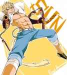 blonde_hair blue_eyes clothing gun hair jewelry looking_at_viewer male melee_weapon necklace nunchaku ranged_weapon solo weapon remia_(artist) rooster_teeth rwby sun_wukong_(rwby) animal_humanoid faunus haplorhine humanoid hybrid mammal monkey primate