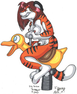 anthro breasts female looking_at_viewer looking_back nipples nude riding side_view simple_background solo straddling stripes tail white_background os lilly_perkins anatid anseriform avian bird duck felid mammal pantherine tiger