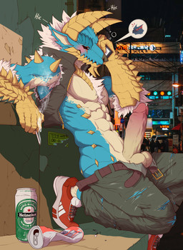 abs alcohol anthro anthrofied balls beer belt beverage big_penis blue_body blush bodily_fluids bottomwear bottomwear_down cellphone clothed clothing countershading drunk electronics erection eye_scar facial_scar footwear genital_fluids genitals glans group holding_cellphone holding_object holding_phone horn humanoid_genitalia humanoid_penis male male_focus modern_architecture muscular muscular_male night non-mammal_balls outside pants pants_down partially_clothed pecs penis phone phone_call photo_background precum public public_nudity scar shoes smoking solo_focus speech_bubble substance_intoxication tan_body tan_countershading text ggan_ggandi anheuser-busch_inbev_sa/nv budweiser capcom heineken heineken_n.v. monster_hunter fanged_wyvern flying_wyvern nargacuga zinogre 2024 absurd_res digital_drawing_(artwork) digital_media_(artwork) hi_res korean_text mixed_media photography_(artwork) shaded