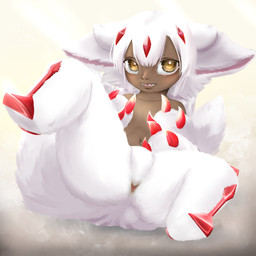 amber_eyes animal_genitalia bangs big_ears big_eyes blunt_bangs brown_body brown_skin claws cloaca female fluffy fluffy_fur fluffy_tail fur genitals hair lying multi_tail nude on_back open_mouth presenting red_claws sharp_teeth smile solo spread_legs spreading tail teeth white_body white_fur white_hair young young_female taurineaddict made_in_abyss faputa arthropod human humanoid insect lepidopteran mammal moth narehate 1:1 absurd_res hi_res