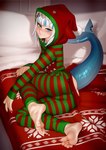 barefoot blue_eyes blush butt christmas_clothing clothed clothing feet female greek_toe holidays inside looking_at_viewer looking_back soles toes kairunoburogu christmas hololive hololive_en vtuber gawr_gura animal_humanoid fish fish_humanoid humanoid marine marine_humanoid shark_humanoid absurd_res digital_media_(artwork) hi_res shaded