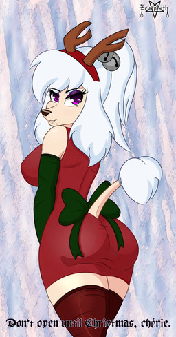 absolute_territory accessory anthro armwear bell bell_accessory big_butt blocky_snout bow_(feature) bow_accessory bow_ribbon breasts butt clothed clothing dress eyeshadow female fluffy_ears furgonomics hair hair_bell heart_font heart_symbol holidays horn legwear looking_at_viewer makeup occult_symbol pentagram piercing purple_eyes rear_view ribbons simple_background snout solo star star_in_signature star_polygon symbol tail tail_accessory tail_bow tail_ribbon text tied_hair white_hair zelripheth alys_faiblesse_(zelripheth) canid canine canis domestic_dog mammal poodle absurd_res english_text hi_res signature