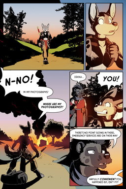 ambiguous_gender angry anthro backpack burning_building clothing dialogue distressed dropping_object duo female fire grass house_fire melee_weapon path plant smoke snarling sword tattoo text torn_clothing tree weapon rick_griffin in_the_new_age the_witch_of_kurikuto ideka toka_(rick_griffin) canid canine canis hyena mammal wolf 2024 2:3 comic english_text hi_res