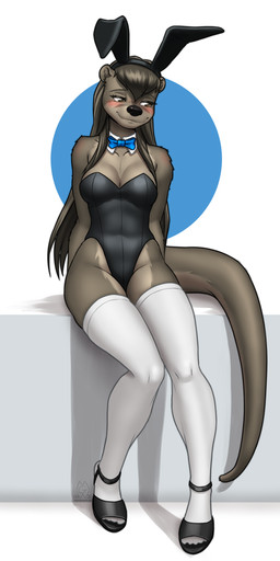 anthro bangs big_nose biped black_bodysuit black_clothing black_footwear black_leotard black_nose black_shoes black_skinsuit blue_background blue_bow_tie blush bodysuit bow_tie breasts brown_body brown_eyebrows brown_eyes brown_fur brown_hair brown_tail bunny_costume cleavage closed_smile clothed clothed_anthro clothed_female clothing collarbone costume countershade_face countershade_fur countershade_legs countershade_neck countershade_tail countershade_torso countershading eyebrow_through_hair eyebrows eyelashes fake_ears fake_rabbit_ears female female_anthro footwear front_view fur geometric_background hair highleg highleg_leotard iris knock-kneed legs_together legwear leotard long_hair long_tail looking_away monotone_hair mouth_closed multicolored_body multicolored_fur nervous pink_blush plantigrade pupils shirt_collar shoes shy simple_background sitting skinsuit slim slim_anthro slim_female small_ears smile solo stockings strapless_clothing strapless_leotard tail tan_body tan_breasts tan_countershading tan_fur thigh_highs tight_clothing toe_outline translucent translucent_hair two_tone_body two_tone_fur white_background white_clothing white_legwear white_sclera white_stockings white_thigh_highs mykegreywolf nat_(mykegreywolf) mammal mustelid otter 1:2 2025 absurd_res digital_drawing_(artwork) digital_media_(artwork) full-length_portrait hi_res portrait