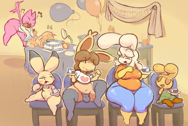 anthro balloon big_breasts big_butt birthday birthday_cake black_ear_tips black_eyes blush blush_stickers bodily_fluids boots bottomless bottomless_anthro bottomless_female breasts brown_hair brown_inner_ear bulge butt cake cake_slice chair clothed clothed_anthro clothed_female clothed_male clothing crop_top crying cutlery dessert dipstick_ears dress ear_markings empty_eyes eyes_closed featureless_crotch featureless_feet featureless_hands feet female female_anthro food footwear fork fully_clothed fully_clothed_anthro fully_clothed_female fur furniture gaping_mouth gloves green_clothing green_dress group hair half-closed_eyes handwear heart_print_clothing heart_print_topwear holding_fork holding_object holding_plate huge_thighs inflatable inside kitchen_utensils long_hair looking_at_another male male_anthro motion_blur multicolored_ears narrowed_eyes navel nude nude_anthro nude_female on_chair open_:3 open_mouth open_smile orange_clothing orange_sweater orange_topwear pink_blush pink_body pink_ears pink_fur pink_tail pink_tongue plate print_clothing print_crop_top print_shirt print_topwear red_tongue shirt shoes sitting sitting_on_chair size_difference smile sweater sweater_only table tail tan_body tears tears_of_joy thick_thighs tongue tools topwear topwear_only two_tone_ears vertical_bar_eyes white_body white_clothing white_crop_top white_ears white_fur white_hair white_sweater white_topwear wide_hipped_anthro wide_hipped_female wide_hipped_male wide_hips yellow_body yellow_boots yellow_clothing yellow_ears yellow_footwear yellow_fur yellow_gloves yellow_handwear bunsandnoble animal_crossing animal_yokocho nintendo bepto_(bunsandnoble) coco_(animal_crossing) iyo pecan_(bunsandnoble) pepto_(bunsandnoble) phoebe_(bunsandnoble) domestic_cat felid feline felis gyroid lagomorph leporid mammal rabbit 2026 digital_media_(artwork)