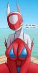 anthro anthrofied bikini breasts bulging_breasts cleavage clothed clothing female multicolored_body one_eye_closed pokemorph side-tie_bikini side-tie_swimwear solo string_bikini swimwear text two-piece_swimsuit two_tone_body water wink creatiffy nintendo pokemon generation_3_pokemon latias legendary_pokemon pokemon_(species) english_text hi_res