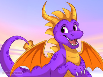 claws fangs feral horn looking_away male markings membrane_(anatomy) membranous_wings open_mouth open_smile outside purple_body purple_eyes sky smile solo spikes spikes_(anatomy) spots spotted_body tail teeth white_claws wings yellow_horn yellow_spikes felixcartoons activision mythology spyro_the_dragon spyro dragon mythological_creature mythological_scalie scalie 4:3 colored digital_drawing_(artwork) digital_media_(artwork) hi_res shaded