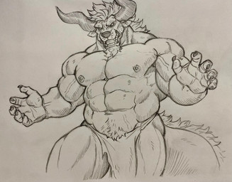 abs anthro biceps big_muscles bottomwear clothed clothing fangs horn huge_muscles loincloth loincloth_only male muscular muscular_male pecs solo teeth topless adios final_fantasy square_enix behemoth_(final_fantasy) absurd_res hi_res traditional_media_(artwork)
