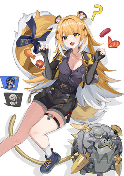 accessory animal_ears belt bent_leg black_bottomwear black_clothing black_shorts blonde_hair blue_clothing blue_eyes blue_footwear blue_hair blue_shoes bottomwear breasts button_(fastener) button_pop chicken_meat cleavage clothed clothing collarbone collared_shirt dress_shirt fangs female fluffy_ears food footwear furgonomics green_eyes grey_dress_shirt grey_hair hair jacket long_hair looking_confused markings meat medium_breasts open_clothing open_jacket open_mouth open_topwear ribbons roast_chicken_leg sausage shirt shoes shorts simple_background socks speech_bubble striped_hair striped_markings striped_tail stripes tail tail_accessory tail_markings tail_ribbon teeth topwear two_tone_tail wardrobe_malfunction white_background white_clothing white_footwear white_hair white_socks yellow_clothing yellow_jacket_(clothing) yellow_topwear lackerlin mihoyo zenless_zone_zero belle_(zenless_zone_zero) ju_fufu wise_(zenless_zone_zero) animal_humanoid felid felid_humanoid human humanoid mammal mammal_humanoid pantherine pantherine_humanoid thiren tiger_humanoid absurd_res hi_res