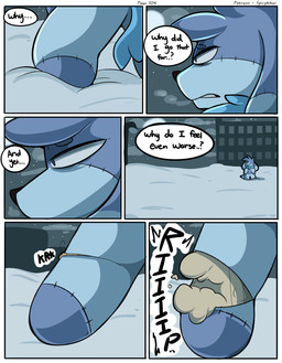 anthro blue_body blue_eyes blue_fur building cloud dialogue fur half-closed_eyes male moon narrowed_eyes night outside plush_stuffing plushie ripping sad snow solo star talking_to_self tearing text walking spicykiwi bazz_(spicykiwi) animate_inanimate canid canine canis domestic_dog living_plushie mammal absurd_res comic english_text hi_res story
