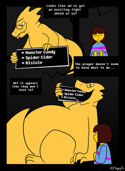 anthro belly big_belly duo female gui open_mouth simple_background size_difference text tongue vore chubbyjam undertale undertale_(series) alphys frisk_(undertale) human lizard mammal reptile scalie comic english_text