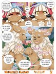 absurd_res anthro big_breasts blush bodily_fluids breasts brown_body brown_fur canid canine canis clothed clothing comic dialogue digital_media_(artwork) english_text female feral fur good_boy group hair hi_res hybrid lagomorph leporid made_in_abyss male mammal nanachi narehate neo_geppetto open_mouth overweight overweight_female paws rabbit slightly_chubby smile sweat sweatdrop tail text tongue trio white_hair wolf yellow_eyes