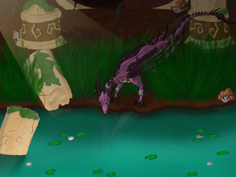 blue_eyes corruption female feral markings_on_body post-apocalyptic purple_body purple_scales reflection ruins scales solo water shadeominus activision mythology spyro_the_dragon the_legend_of_spyro exousia fan_character aether_dragon dragon mythological_creature mythological_scalie scalie 4:3 hi_res