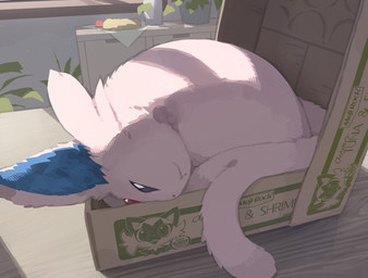 :< acting_like_a_cat ambiguous_feral ambiguous_gender blue_inner_ear box cardboard cardboard_box cheek_tuft container curled_up day detailed_background facial_tuft feral forehead_gem forked_tail fur gem in_box in_container inside kemono light looking_at_viewer monotone_body monotone_fur monotone_tail pink_body pink_ears pink_fur plant plant_pot potted_plant purple_eyes quadruped side_view solo sunlight tail tuft unusual_anatomy unusual_tail olyester if_it_fits_i_sits_(meme) nintendo pokemon eeveelution espeon felid feline generation_2_pokemon mammal pokemon_(species) 2026 colored digital_media_(artwork) digital_painting_(artwork) lighting meme painting_(artwork) portrait shaded three-quarter_portrait