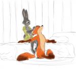 anthro bed breasts clothed clothing duo female fur furniture grey_body grey_fur hand_on_head inside male on_bed open_clothing open_shirt open_topwear orange_body orange_fur shirt sitting sitting_on_bed topwear cerebral_knievel disney zootopia judy_hopps nick_wilde canid canine fox lagomorph leporid mammal rabbit red_fox true_fox 1:1 hi_res