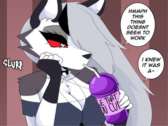 5_fingers anthro bare_shoulders black_nose breasts clothed clothing collar drinking drinking_straw eyelashes female fingers fur grey_hair hair holding_object pupils red_sclera slit_pupils solo spiked_collar spikes text white_body white_eyes white_fur carliabot hellaverse helluva_boss juice_that_makes_you_cum mythology loona_(helluva_boss) canid canid_demon canine demon hellhound mammal mythological_canine mythological_creature 2025 4:3 english_text