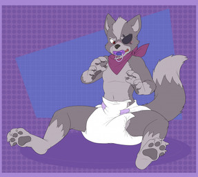 anthro blush clean_diaper clothed clothing diaper eye_patch eyewear fur grey_body grey_fur male object_in_mouth pacifier pacifier_in_mouth red_eyes solo wearing_diaper bubblepuppers nintendo star_fox wolf_o'donnell canid canine canis mammal wolf hi_res