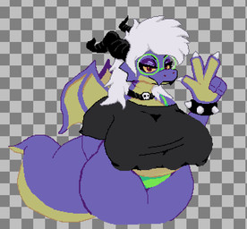 2_horns 5_fingers anthro big_breasts black_clothing black_crop_top black_horn black_shirt black_topwear bracelet breasts checkered checkered_background choker claws clothed clothed_anthro clothed_female clothing countershading crop_top curvy_figure eyelashes eyewear female finger_claws fingers front_view gesture glasses green_clothing green_eyewear green_glasses green_underwear hair hand_behind_back hand_gesture horn huge_breasts jewelry lidded_eyes looking_at_viewer membrane_(anatomy) membranous_wings mouth_closed narrowed_eyes necklace overweight overweight_anthro overweight_female pattern_background purple_body purple_tail red_eyes round_glasses shirt simple_background skull_accessory skull_choker solo spiked_bracelet spikes tail thick_tail thick_thighs topwear two_tone_tail underwear v_sign voluptuous voluptuous_anthro voluptuous_female wearing_glasses white_hair wings yellow_body yellow_countershading yellow_sclera fizlok mythology dragon mythological_creature mythological_scalie scalie 2024 digital_media_(artwork) pixel_(artwork) portrait three-quarter_portrait
