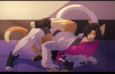 5_fingers anthro biped black_hair clothed clothing dipstick_tail duo fingers hair male markings tail tail_markings text white_hair munkeesgomu ereki_kagami munks_(munkeesgomu) domestic_cat felid feline felis mammal english_text