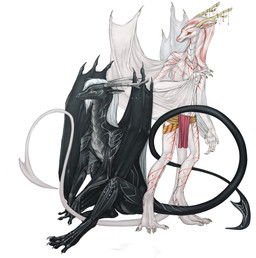 4_fingers 4_toes anthro black_body body_art clothed clothing duo eyelashes feet fingers hair jewelry long_hair male mouth_closed no_eyebrows pointed_tail red_sclera simple_background standing tail toes topless white_background white_body white_hair winged_arms wings yellow_sclera una_arista mythology dragon morgendrache mythological_creature mythological_scalie scalie 2012 archived_source