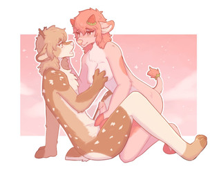 anthro antlers areola bodily_fluids breast_grab breasts brown_antlers brown_body brown_fur brown_hair brown_hand chest_tuft duo erection female fingers food fruit fur genital_fluids genitals hair hand_on_breast hooved_fingers hooves horn leaking_precum looking_at_another male male/female nipples nude nude_anthro nude_female nude_male open_mouth paws penis pink_background pink_body pink_hair pink_hooves pink_nose pink_penis plant precum precum_on_penis saliva saliva_string short_tail simple_background smile strawberry tail tongue tuft peachyskitty bovid bovine cattle deer mammal 2026 colored digital_drawing_(artwork) digital_media_(artwork) hi_res