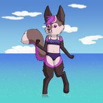 bikini bikini_bralette brown_body brown_fur clothing cloud cloudy_sky colored_edge_bikini dipstick_tail female fur hair layered_bikini looking_at_viewer markings midriff navel on_one_leg open_mouth outside partially_submerged pawpads pink_eyes pink_hair purple_bikini purple_body purple_clothing purple_fur purple_swimwear raised_leg semi-anthro sky solo standing standing_in_water swimwear tail tail_markings tan_body tan_fur two-piece_swimsuit water water_droplets ponponthebonbon kufky_(character) canid canine fennec_fox fox hybrid mammal true_fox 1:1 2025 digital_drawing_(artwork) digital_media_(artwork) hi_res