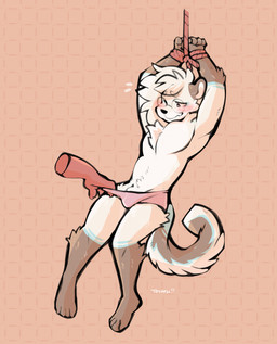 anthro arms_above_head arms_tied bdsm belly blush bondage bound bulge chest_tuft clothing clothing_pull crotch_tuft disembodied_hand duo eyebrow_through_hair eyebrows eyewear facial_tuft fur genitals glasses gloves_(marking) grey_body grey_fur hair leg_markings leg_tuft male markings nervous penis pink_clothing pink_underwear round_glasses simple_background socks_(marking) tail translucent translucent_hair tuft underwear underwear_pull white_body white_fur white_hair white_penis tohfu canid canine canis domestic_dog mammal 2022 hi_res signature