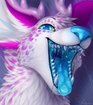 ambiguous_gender antlers black_eyebrows blue_eyes blue_nose blue_tongue bodily_fluids cheek_tuft eyebrows facial_tuft fangs front_view fur glistening glistening_eyes head_tuft horn looking_at_viewer mouth_shot narrowed_eyes neck_tuft open_mouth pink_antlers pink_body pink_ears pink_fur pink_spots saliva saliva_on_chin saliva_on_tongue saliva_string solo spots teeth tongue tuft white_body white_fur white_inner_ear bloominglynx aja_(aevery) 2021 absurd_res bust_portrait hi_res portrait signature