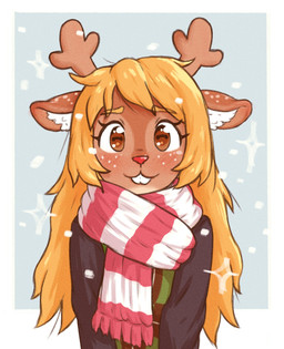 adolescent anthro antlers blonde_hair blush blush_lines brown_body brown_eyes eyebrow_through_hair eyebrows eyelashes female female_anthro freckled_ears freckled_face freckles hair happy horn inner_ear_fluff long_eyelashes long_hair looking_at_viewer pose scarf simple_background snow solo sparkles translucent translucent_hair tuft young young_anthro young_female beachepisode deltarune undertale_(series) noelle_holiday cervine deer mammal 2026 colored detailed digital_drawing_(artwork) digital_media_(artwork) hi_res shaded