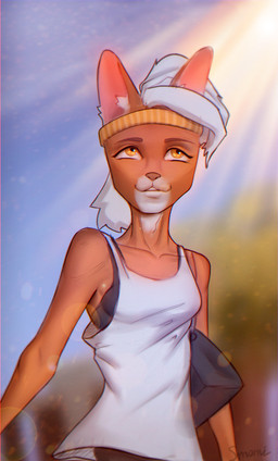 anthro bag breasts clothed clothing day female hair outside shirt sky smile solo sun topwear white_hair smomi domestic_cat felid feline felis mammal digital_media_(artwork) hi_res shaded