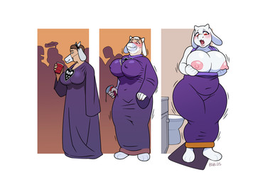 anthro barefoot big_breasts blush breast_growth breasts brown_hair clothing costume costume_transformation expansion fake_ears fake_horns feet female gender_transformation growth hair horn horn_growth human_to_anthro male mtf_transformation navel nipples open_mouth overweight purple_clothing solo species_transformation standing surprised thick_thighs thigh_expansion three_frame_sequence toilet transformation transformation_sequence weight_gain white_body wide_hips blackshirtboy undertale_(series) toriel boss_monster_(undertale) bovid caprine goat human mammal 2025 absurd_res digital_media_(artwork) hi_res sequence