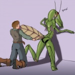 1:1 anthro arthropod arthropod_abdomen arthropod_abdomen_genitalia arthropod_abdomen_pussy compound_eyes doomington dungeons_and_dragons duo female genitals hasbro human human_on_anthro insect interspecies male male/female mammal mantis oral pussy queblock third-party_edit thri-kreen tsundere wizards_of_the_coast
