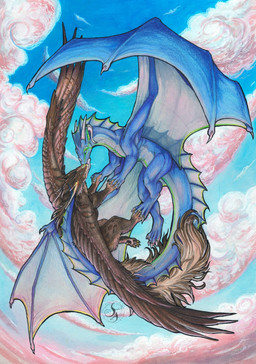 blue_body brown_body brown_fur cloud duo feathers female feral fur male male/female sky skyscape wings dragonlovers natoli mythology dragon furred_dragon furred_scalie mythological_creature mythological_scalie scalie hi_res