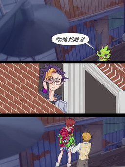 anthro arrested dialogue eyewear female glasses group humor male text tongue tongue_out oddthicket bandai_namco digimon digimon_beatbreak makoto_kuonji reina_sakuya tomoro_tenma digimon_(species) gekkomon human mammal scalie comic english_text hi_res